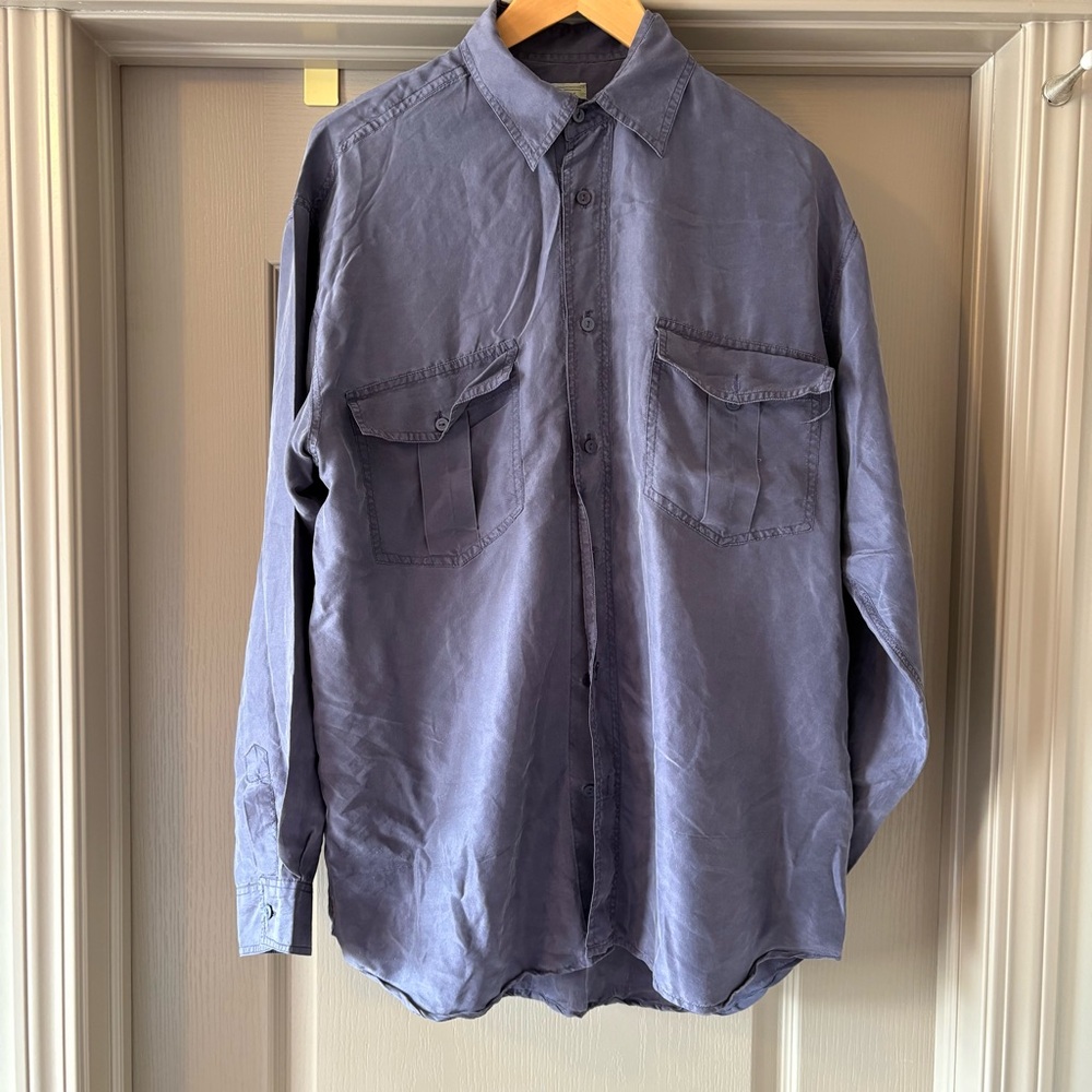 Vintage Blue Silk Button Down Shirts Versatile